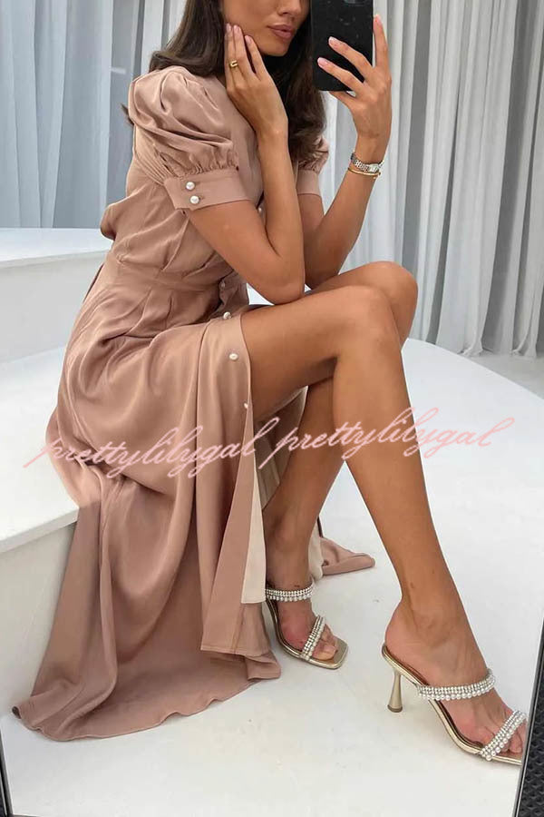 Chic and Classy Vibe Puff Sleeve Pearl Button Slit Midi Dress