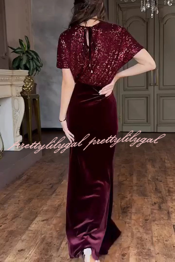 Elegant V-neck Sequined Velvet Stitching Sexy Slit Maxi Dress