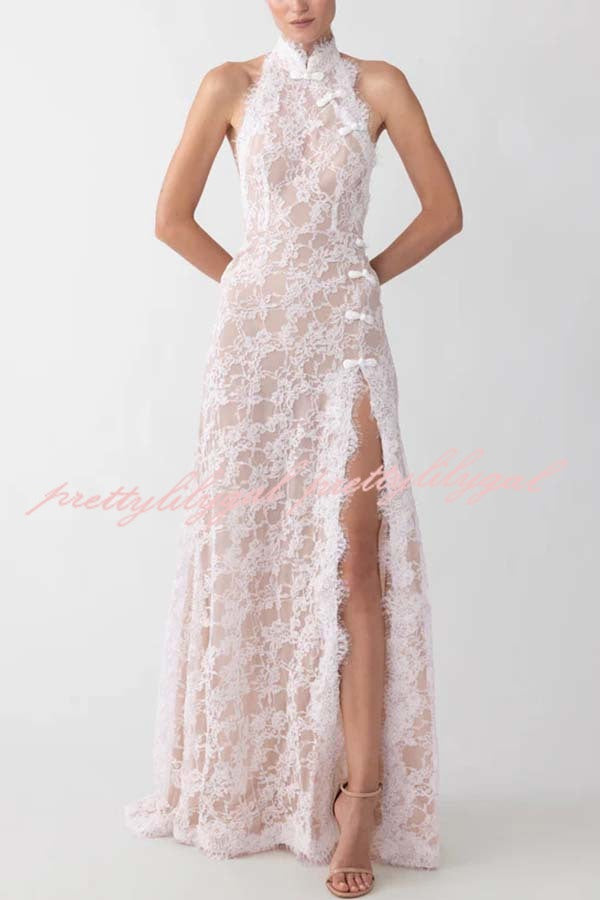 Cheongsam Style Lace Mandarin Halter Neck Backless Slit Maxi Dress