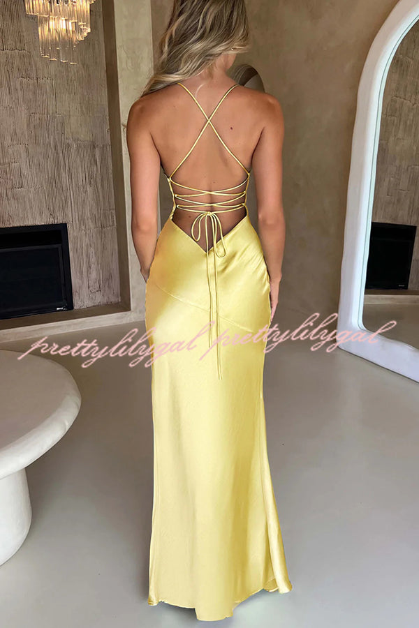 Satin Solid Color Sexy Backless Lace Up High Slit Maxi Dress