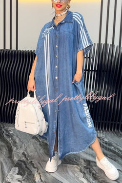 Fashion Letter Print Lapel Cardigan Loose Maxi Dress