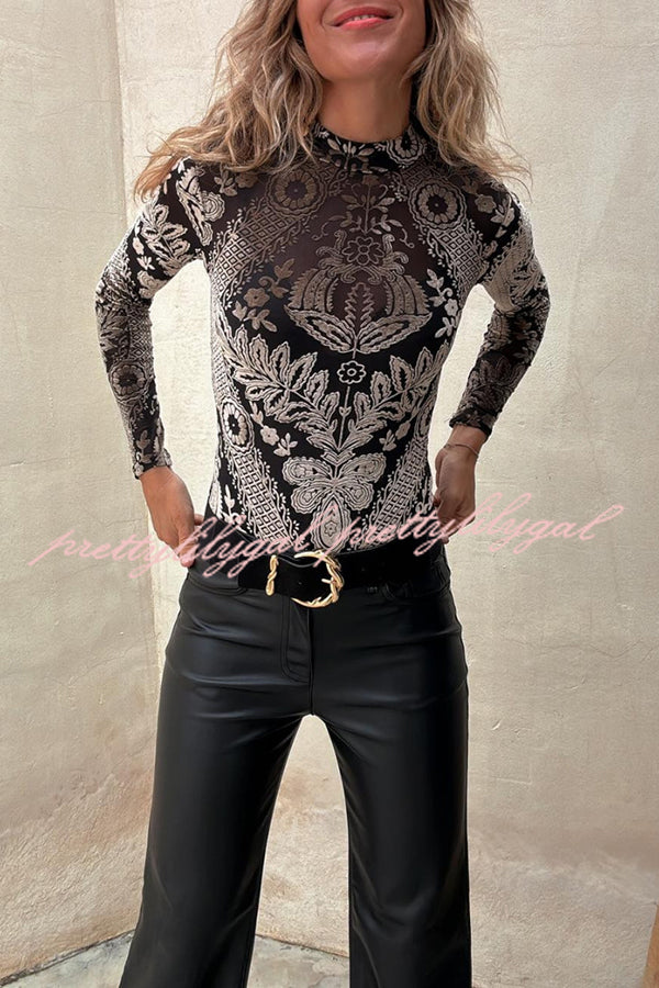 Antarey Velvet Mesh Unique Pattern Long Sleeve Stretch Bodysuit