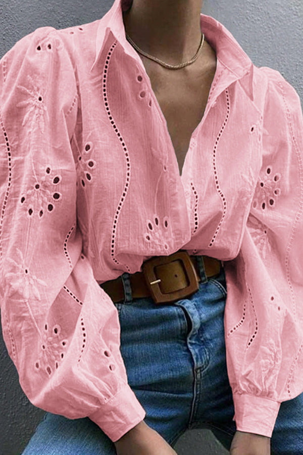 Fashion Hollow Puff Sleeve Casual Lapel Loose Shirt