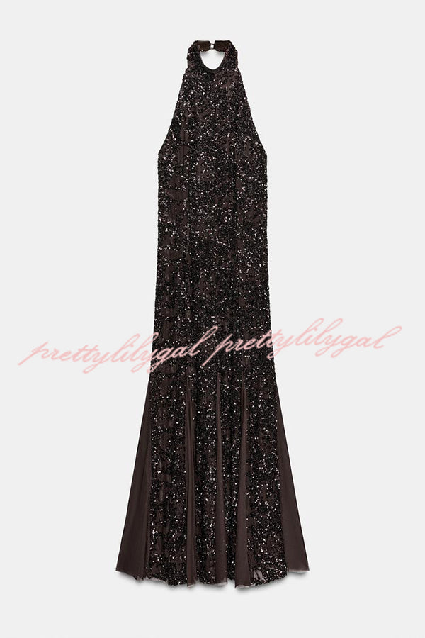 Twilight Gleam Sequin Textured Tulle Hem Halter Backless Maxi Dress