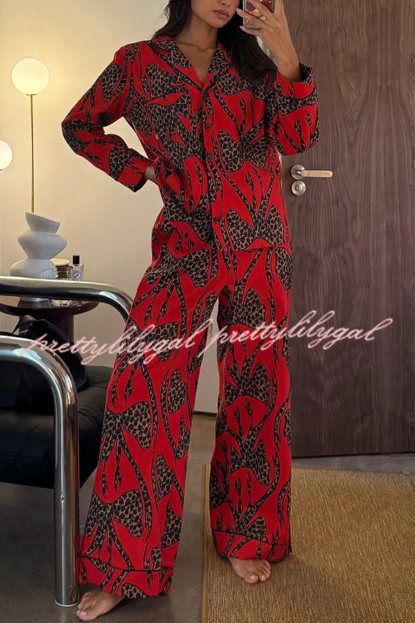 Stylish Colorblock Leopard Print Loose Shirt and Elastic Waist Pocketed Pajama Set