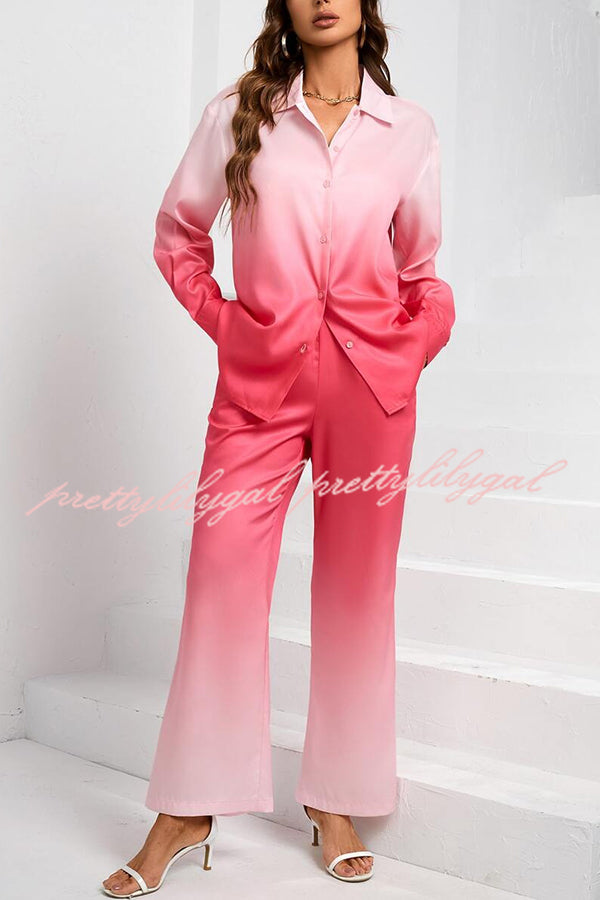 Gradient Long-sleeved Shirt Top and Loose-fitting Pocket Straight-leg Pants Set