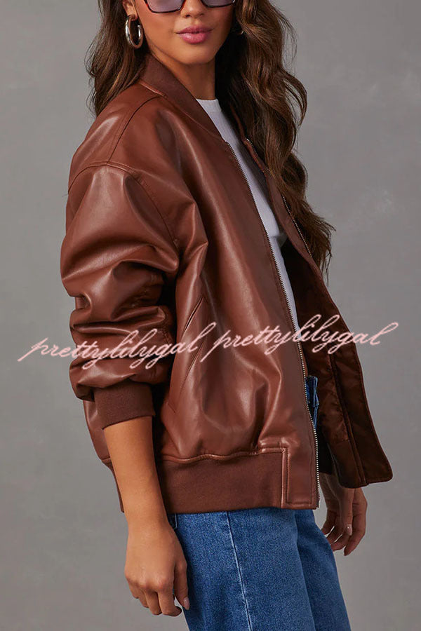 Solid Color Long Sleeve Loose Pocket Leather Jacket