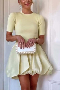 Simply Sweet Knit Ribbed Short Sleeve Bubble Hem Mini Dress