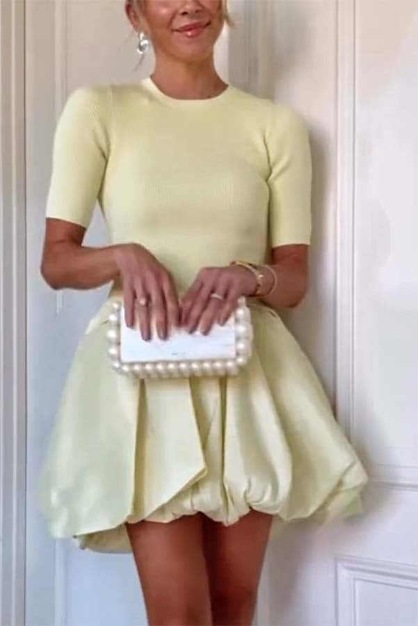 Simply Sweet Knit Ribbed Short Sleeve Bubble Hem Mini Dress