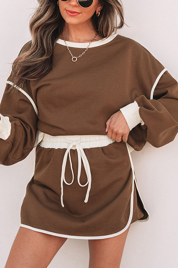 Fashion Round Neck Long Sleeve Spliced Casual Top and Elastic Waist Loose Shorts Set