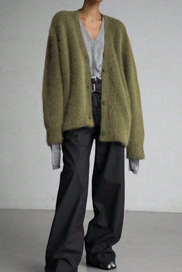 Solid Color Loose V-neck Long-sleeved Lazy Knitted Cardigan