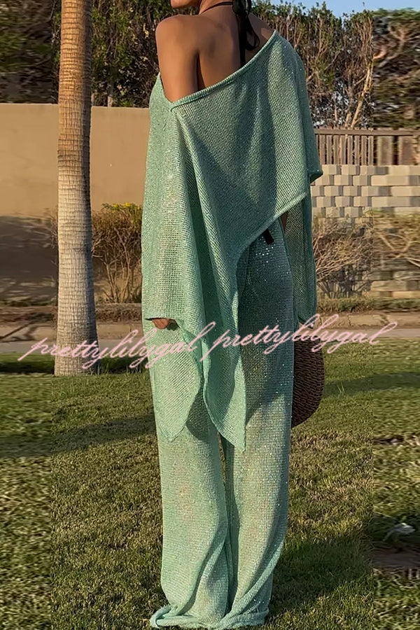 Vacation Knit Shiny Fabric Batwing Sleeve Cape Top and Cover-up Elastic Waist Loose Pants Set