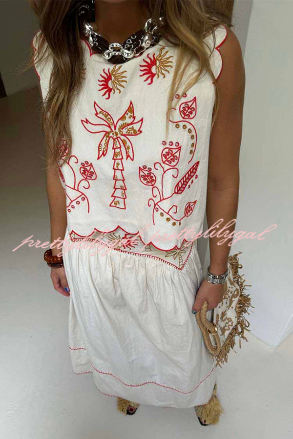 Sunny Day Linen Blend Contrast Embroidered Print Scallop Trim Lace-up Top