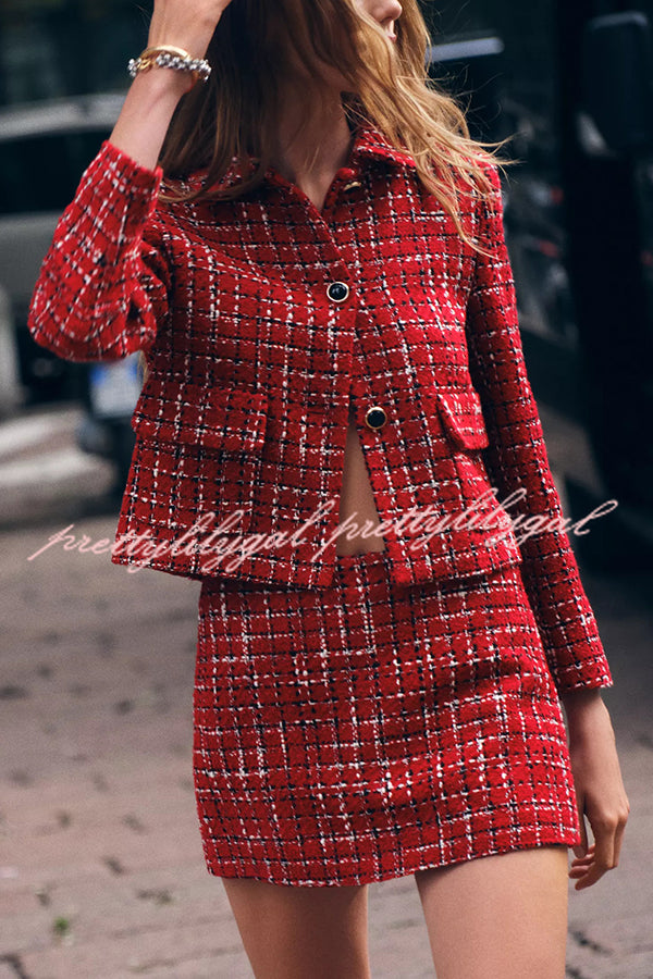 Tweed Plaid Textured Long-sleeved Casual Pocket Jacket