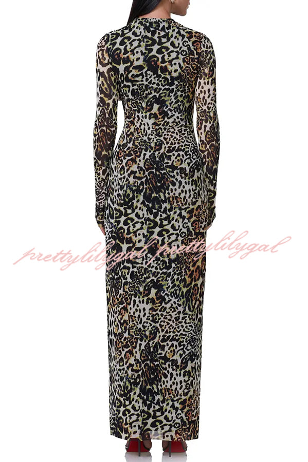 Wild As They Come Mesh Leopard Long Sleeve Stretch Maxi Dress