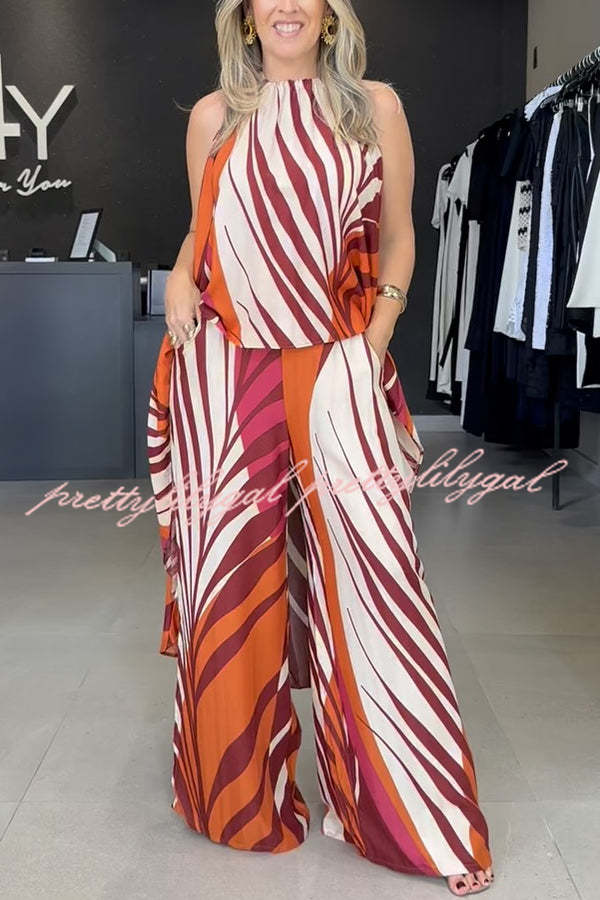 Edina Unique Print High Low Halter Loose Top and Elastic Waist Pocketed Wide Leg Pants Set