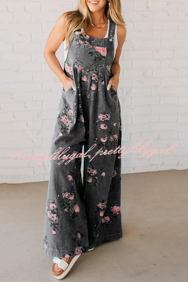 Fashion Floral Print Casual Button Pocket Loose Denim Overalls