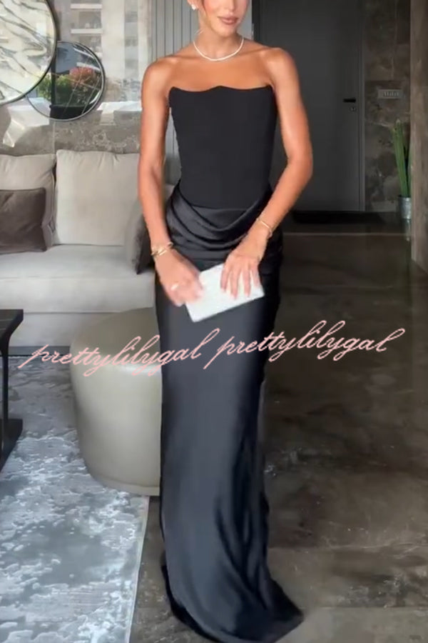 Attend The Gala Strapless Corset Satin Ruched Hip Drape Maxi Dress