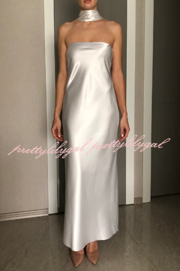 Satin Solid Color Elegant Strapless Slim Maxi Dress