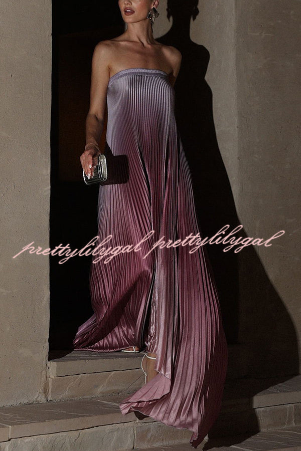 Gorgeous Styling Satin Pleated Elastic Bust Strapless A-line Gown Maxi Dress