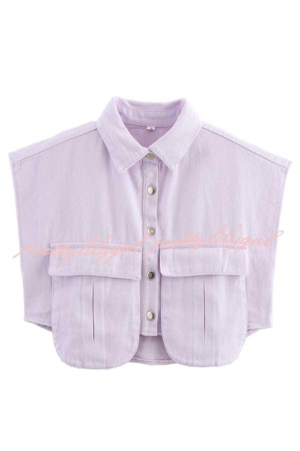 Stylish Weekend Denim Button Up Cape Sleeve Pocket Crop Top