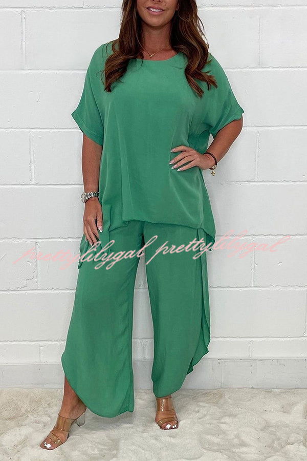 Greyson Flowy Loose Blouse and Elastic Waist Slit Pants Set