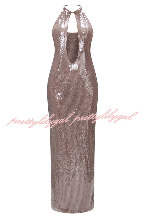 Light Up The City Sequin Cutout U-neck Back Lace-up Maxi Dress