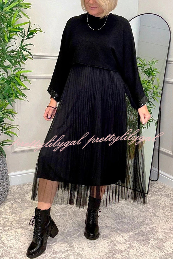 Fenna Ribbed Sequin Trim Batwing Sleeve Sweater and Pleated Tulle Stretch Tank Midi Dress Two-piece Set