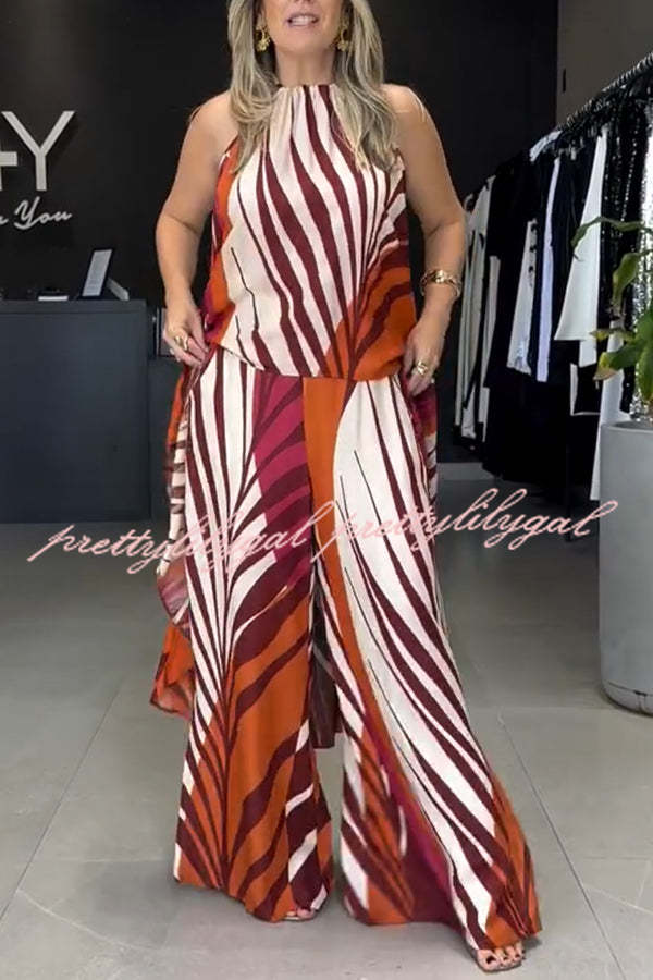 Edina Unique Print High Low Halter Loose Top and Elastic Waist Pocketed Wide Leg Pants Set