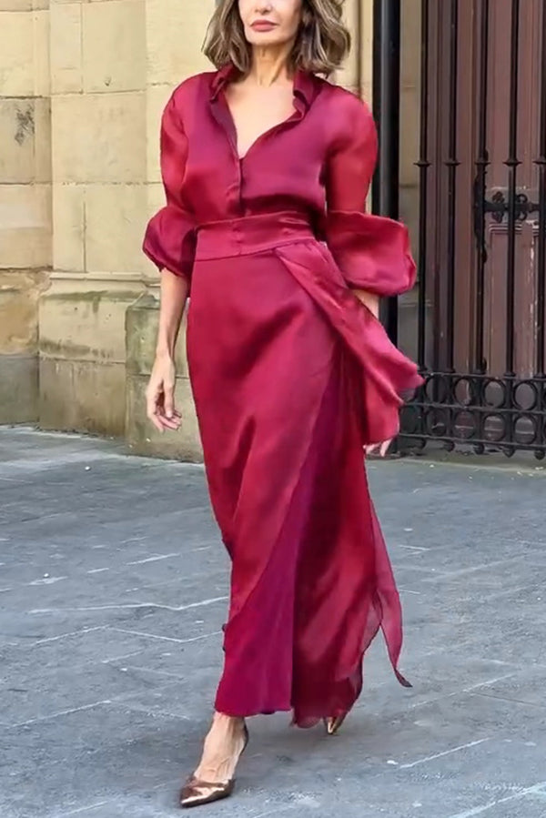 Lily Chiffon Bow Detail Puff Sleeve Blouse and Elegant Layered Maxi Skirt Set