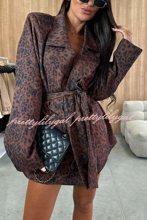 Ashley Leopard Print Belted Pocket Lapel Loose Blazer and High Rise Skorts Set