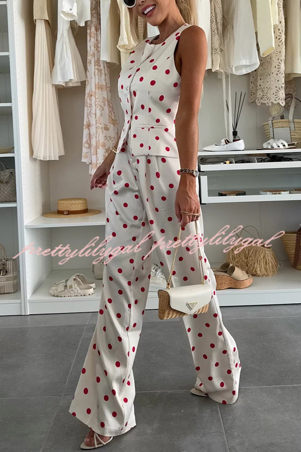 Koreen Polka Dot Round Neck Button Vest and High Rise Pocket Straight Pants Set