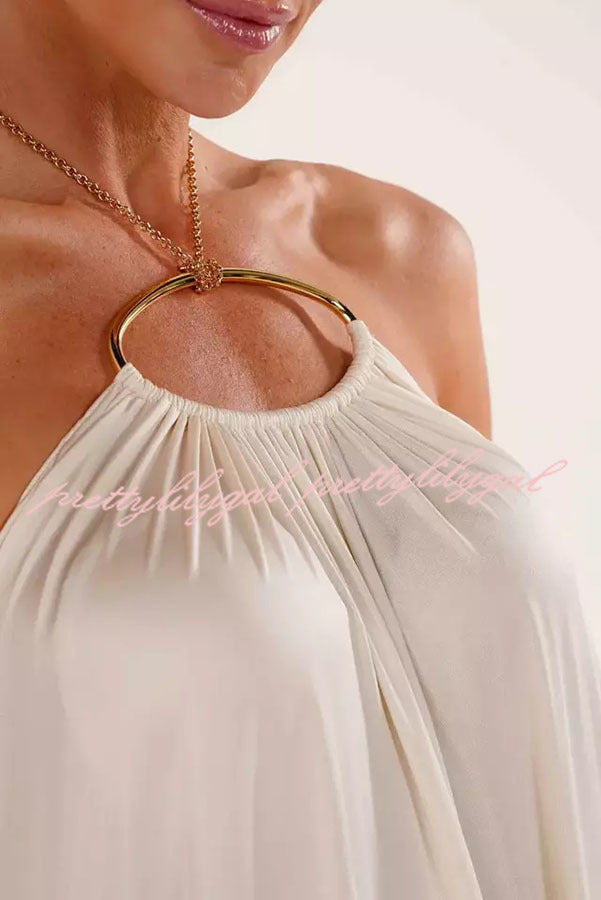 Ocean Goddess Metal Circular Chain Halter Backless Vacation A-Line Maxi Dress