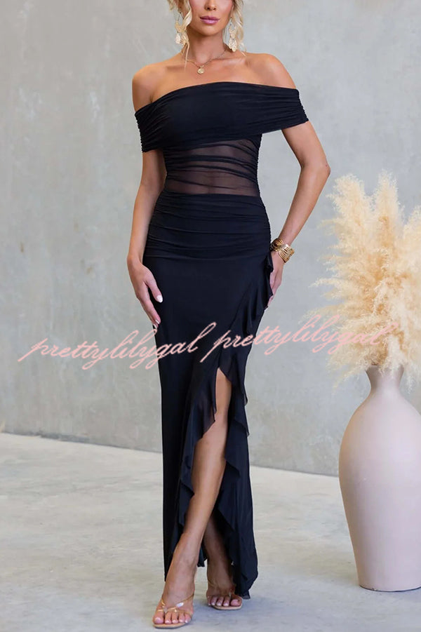 Sexy Mesh Off-shoulder Slim Fit Ruffled Slit Maxi Dress