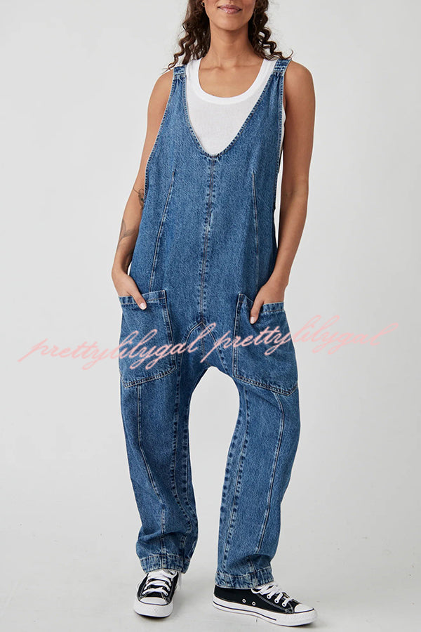 Pocket V Neck Suspender Denim Jumpsuit