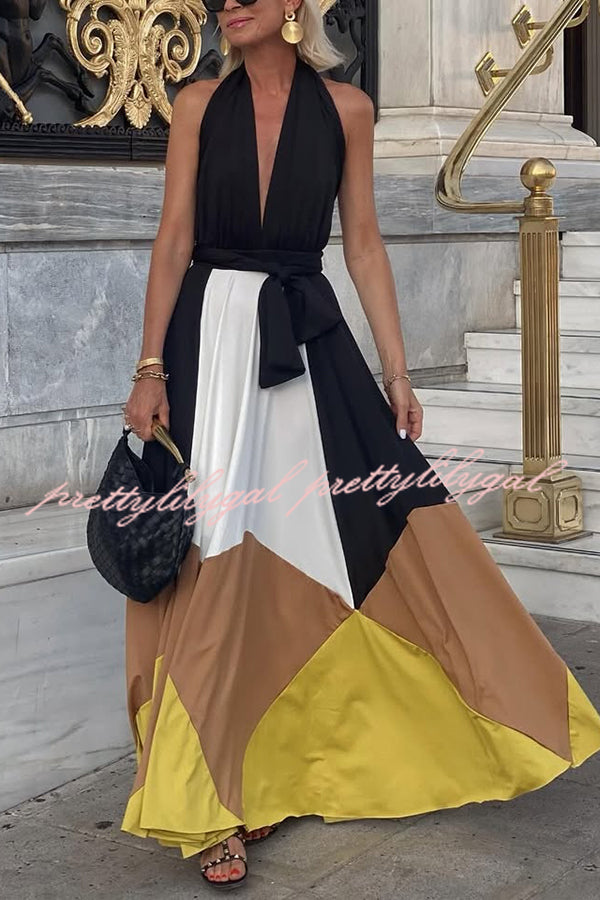 Fashion Colorblock Sexy Backless Tie Waist Full Hem Maxi Dress