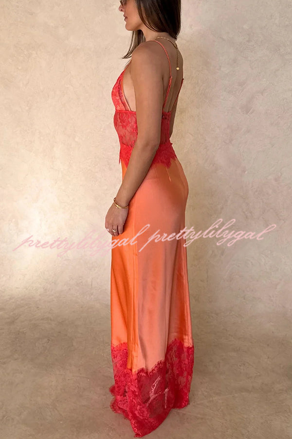 Elegant Evening Satin Lace Patchwork See-through Waist Slip Maxi Dress