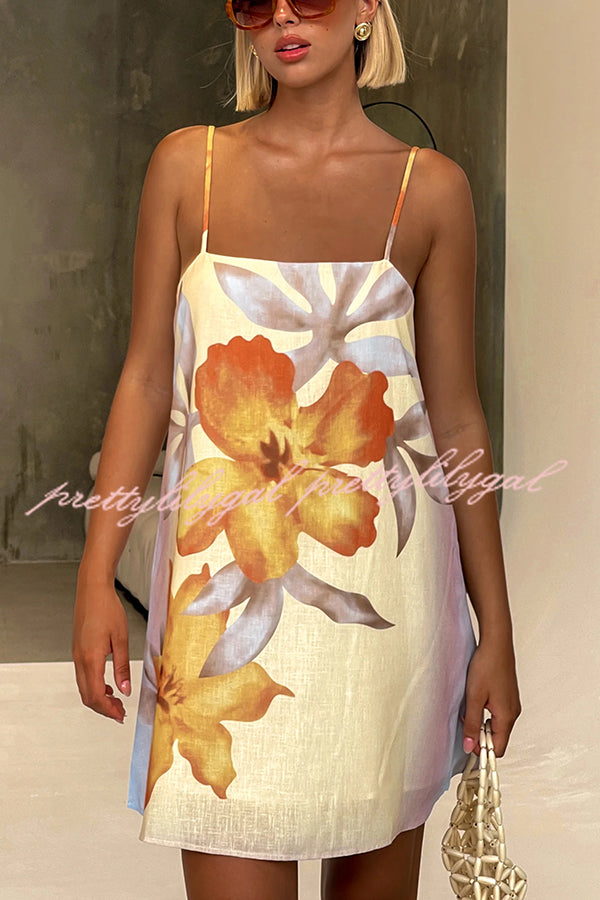 Summer Surprise Linen Blend Floral Print Slip H-line Mini Dress