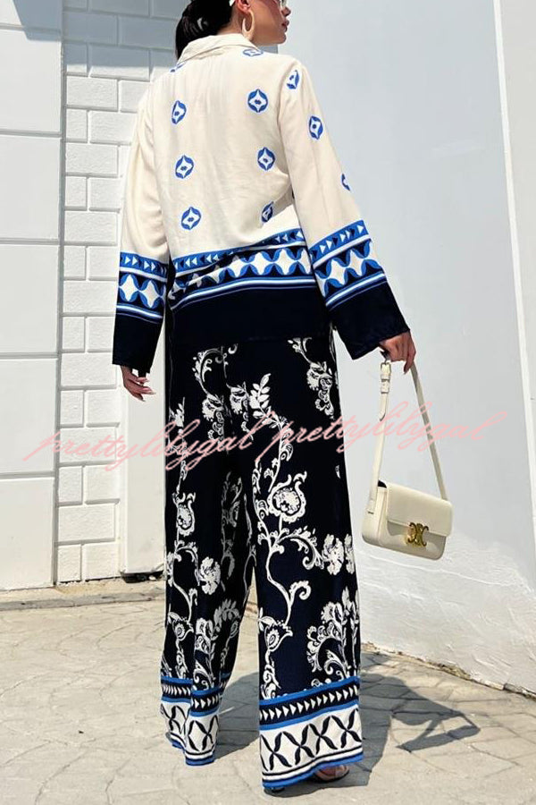 Unique Printed Lapel Long-sleeved Loose Top and Elastic Waist Casual Wide-leg Pants Set