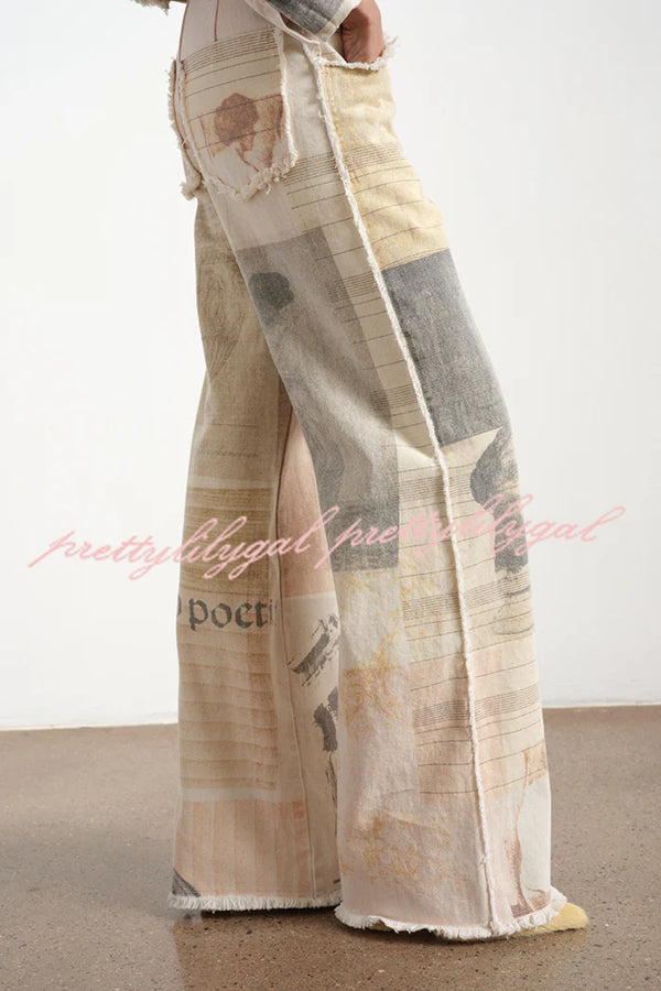 Historic Imagery Unique Print High Rise Pocketed Wide Leg Jeans