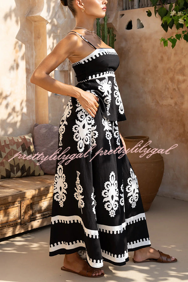 Unique Ethnic Print Suspender Pleated Top and Elastic Waist Loose Wide-leg Pants Set