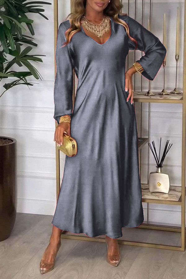 Solid Color V-neck Long-sleeved Loose Draped Maxi Dress