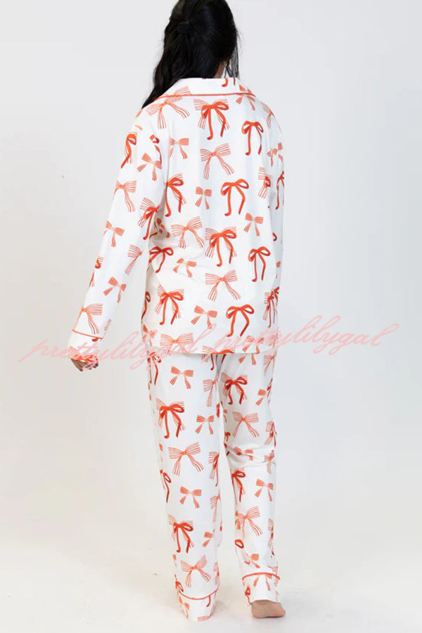 Christmas Bow Print Long Sleeve Shirt and Elastic Waist Pocket Pants Set