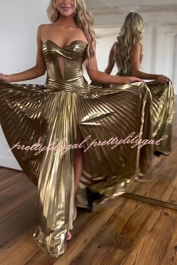 Dazzling Metallic Fabric Cross Strapless Cutout Slit Pleated Maxi Dress