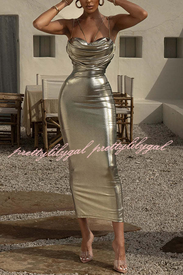 Visions of You Metallic Fabric Cowl Neck Removable Straps Stretch Midi Dress