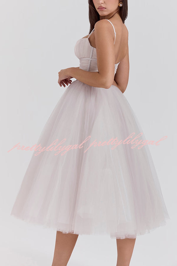 Royal Treatment Tulle Bows Detail Ruched Slip Midi Dress