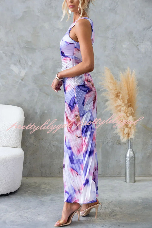 Laken Floral Print One Shoulder Adjustable Tie Cutout Pleated Maxi Dress