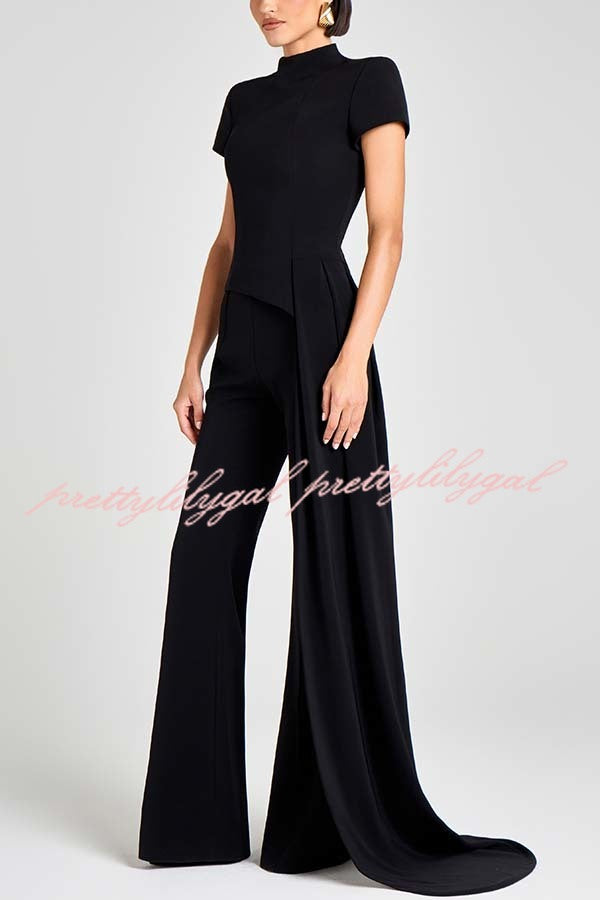 Pippa High Neck Short Sleeve Irregular Drape Hem Top and Elastic Waist Flare Pants Set