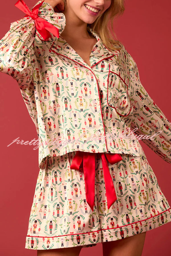 Christmas Print Lace-up Cuff Top and Elastic Waistband Pocket Casual Shorts Set