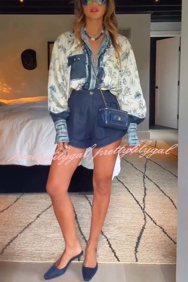 Bohemian Elegant Satin Contrast Color Unique Print Button Up Pocket Loose Blouse